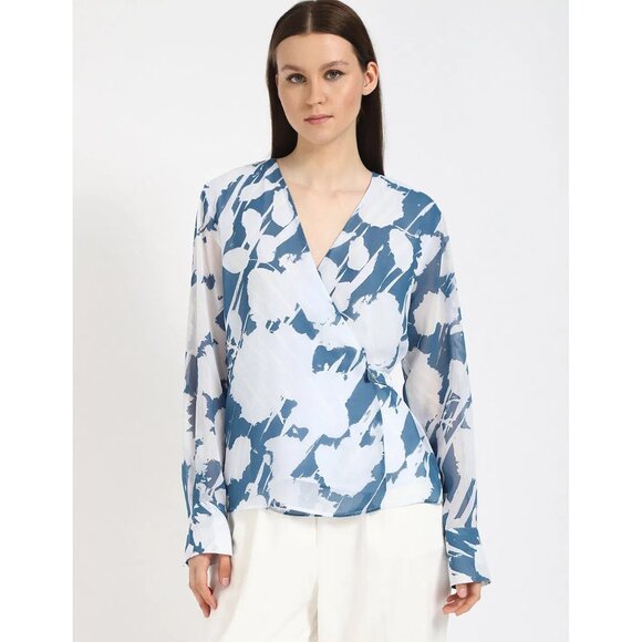 Calvin Klein Womens Floral Chiffon V-Neck Wrap Blouse/Shirt Blue Poseidon XL NWT - Picture 1 of 6